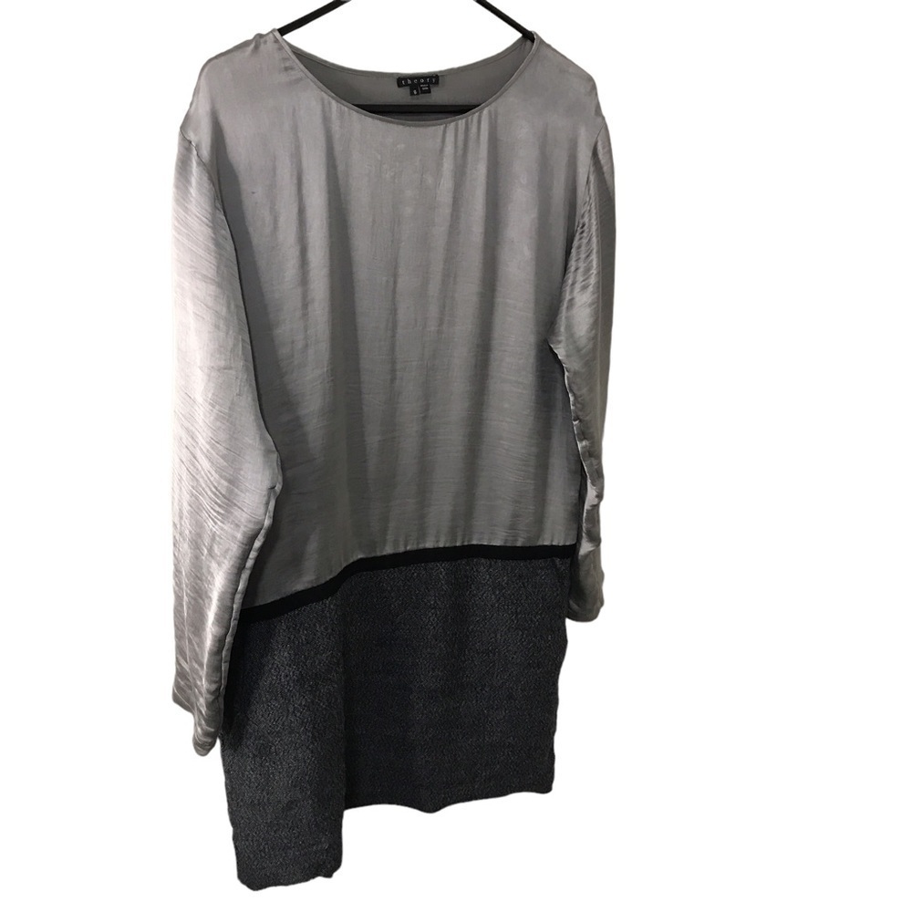 Theory satin linen wool blend long sleeve mini dress in gray and silver size 8